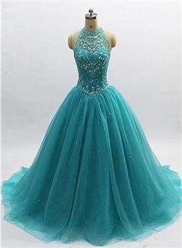 Picture of Teal Blue Tulle Beaded Ball Gown High Neckline Sweet 16 Dresses, Blue Quinceanera Dress